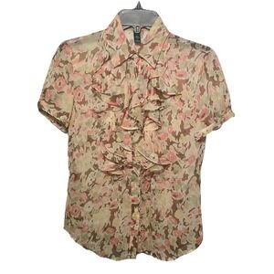 Lauren Ralph Lauren Floral Button Up Ladies Size XS Blouse Sheer Ruffle Detail